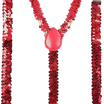 SEQUIN SUSPENDERS Unisex Adjustable Braces Clip On Elastic Y-Back  - Red
