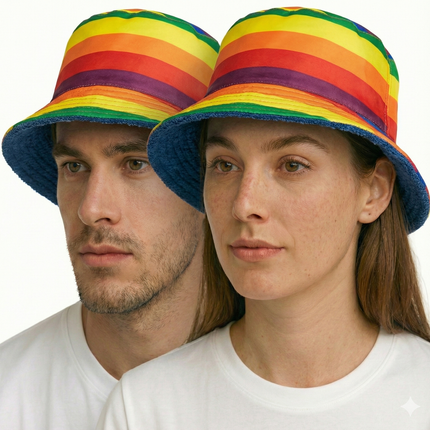 Reversible Stingy Brim Terry Towelling Bucket Hat Cap 100% COTTON - Rainbow/Blue - L/XL (58-59cm)