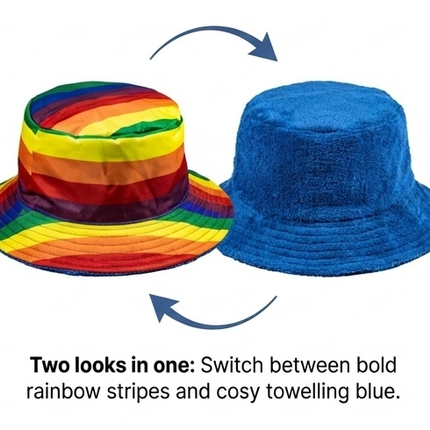 Reversible Stingy Brim Terry Towelling Bucket Hat Cap 100% COTTON - Rainbow/Blue - S/M (54-55cm)