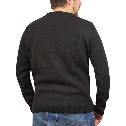 100% SHETLAND RAGG WOOL CREW Round Neck Knit JUMPER Pullover Mens Sweater Knitted - Plain Black - 6XL