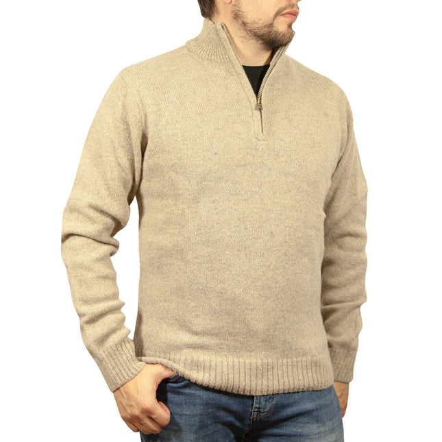 100% SHETLAND RAGG WOOL Half Zip Up Knit JUMPER Pullover Mens Sweater Knitted - Oat Marle - 3XL