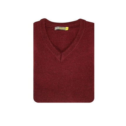 100% Shetland Ragg Wool V Neck Knit Jumper Pullover Mens Sweater Knitted - Burgundy - L