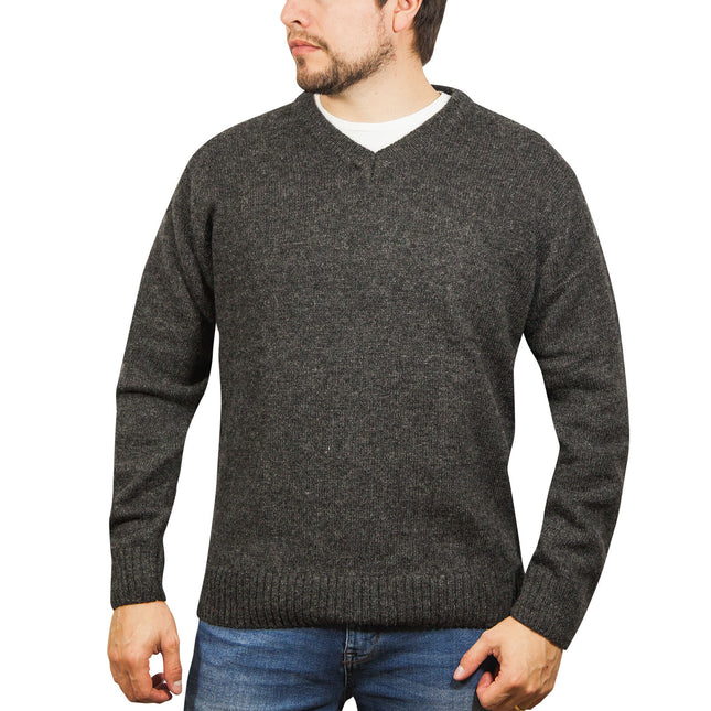 100% Shetland Ragg Wool V Neck Knit Jumper Pullover Mens Sweater Knitted - Charcoal - M