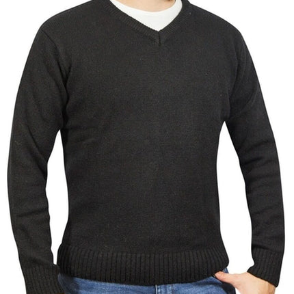 100% Shetland Ragg Wool V Neck Knit Jumper Pullover Mens Sweater Knitted - Plain Black - 6XL