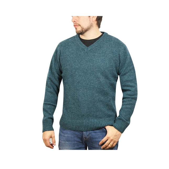 100% Shetland Ragg Wool V Neck Knit Jumper Pullover Mens Sweater Knitted - Sherwood - XL