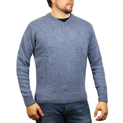 100% Shetland Ragg Wool V Neck Knit Jumper Pullover Mens Sweater Knitted - Sky - M