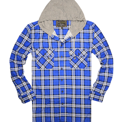Mens Cotton Flannelette Shirt w Jersey Hood Long Sleeve Flannel - Spanish Blue - M