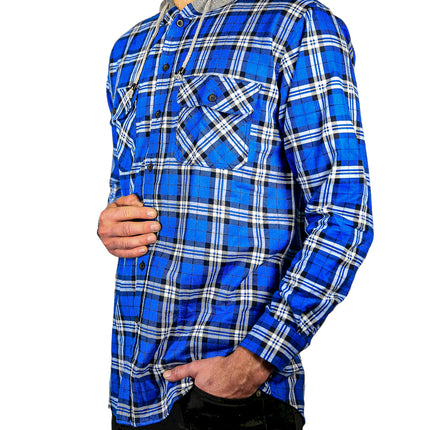 Mens Cotton Flannelette Shirt w Jersey Hood Long Sleeve Flannel - Spanish Blue - XL