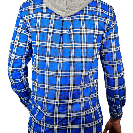 Mens Cotton Flannelette Shirt w Jersey Hood Long Sleeve Flannel - Spanish Blue - XL
