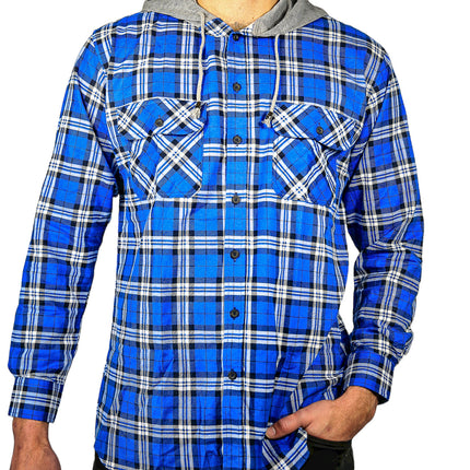 Mens Cotton Flannelette Shirt w Jersey Hood Long Sleeve Flannel - Spanish Blue - XXL