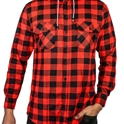Mens Cotton Flannelette Shirt w Jersey Hood Long Sleeve Flannel - Red/Black - M