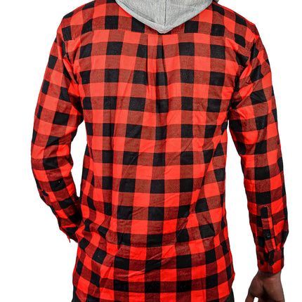 Mens Cotton Flannelette Shirt w Jersey Hood Long Sleeve Flannel - Red/Black - M