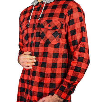 Mens Cotton Flannelette Shirt w Jersey Hood Long Sleeve Flannel - Red/Black - M