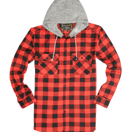 Mens Cotton Flannelette Shirt w Jersey Hood Long Sleeve Flannel - Red/Black - M