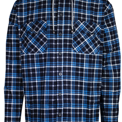 Mens Cotton Flannelette Shirt w Jersey Hood Long Sleeve Flannel - Turquoise - M