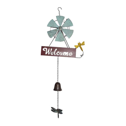 Hanging Welcome Windmill w Bell + Dragonfies 88cm