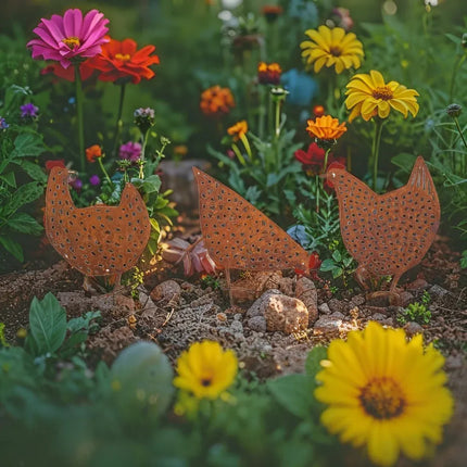 Set 3 Asst Rust Chook Family Garden Stakes 35cm