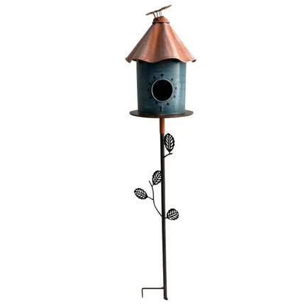Birdhouse w Perched Bird on Leafy Garden Stake 108cm
