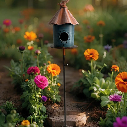 Birdhouse w Perched Bird on Leafy Garden Stake 108cm