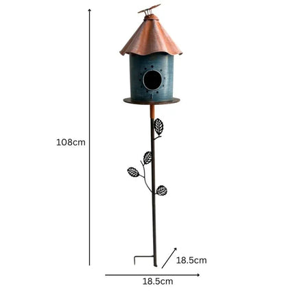 Birdhouse w Perched Bird on Leafy Garden Stake 108cm