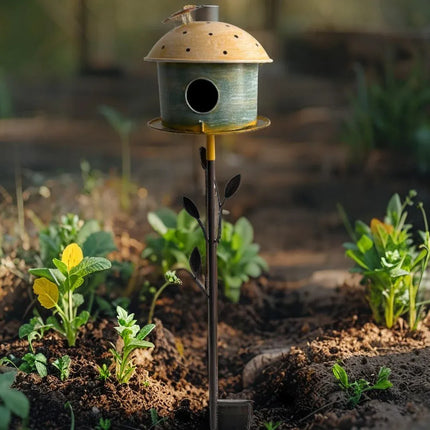 Birdhouse w Leaf on Leafy Garden Stake 109cm
