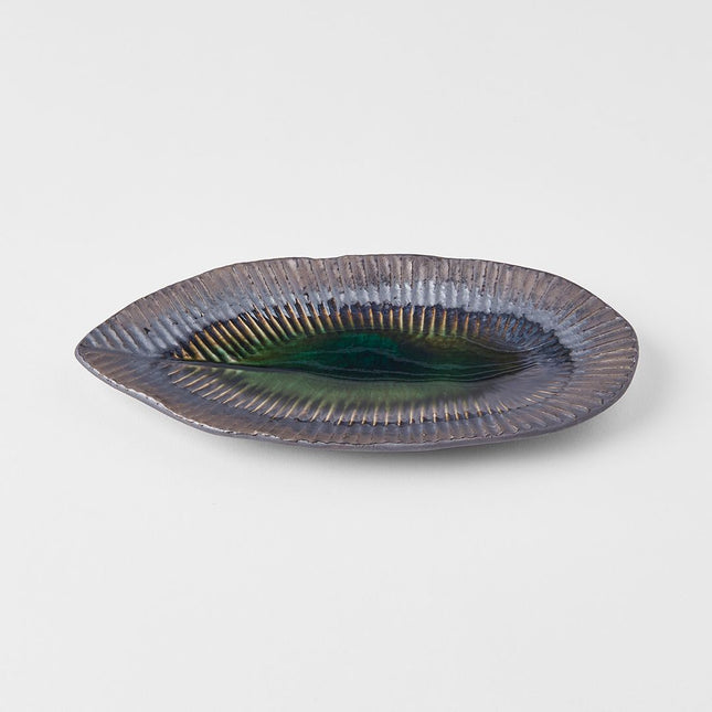 Plate Leaf Shape 21.5x10.5cm Midori Ridge Glaze