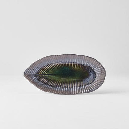 Plate Leaf Shape 21.5x10.5cm Midori Ridge Glaze