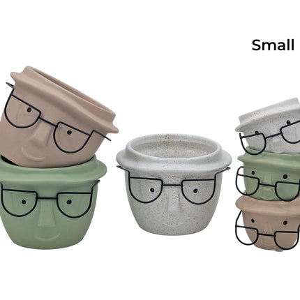 Bulk 18 Man W Metal Glasses Ceramic Pot Planter 9x6.5cmh 3asst