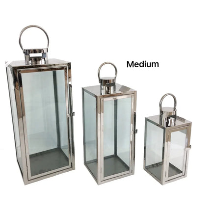 Bulk 6 Medium Polish Silver Metal & Glass Lantern 14x39cmh