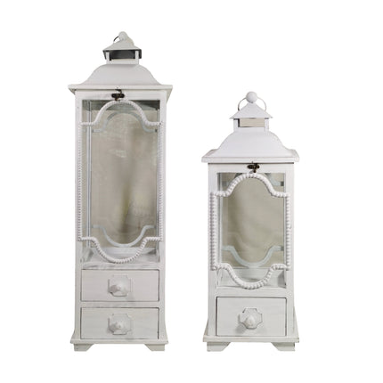 Set 2 Tall White Wooden Lantern w Drawers 104cm