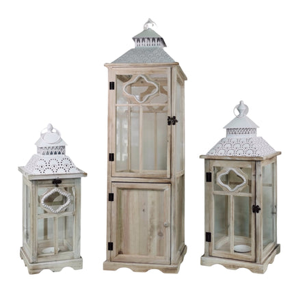 Set 3 Tall Natural Wooden Lantern 117cm