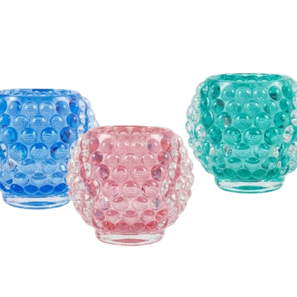 Bulk 24 Coloured Glass Candle Holder 9x9x7cm 3 Asst