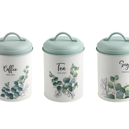 Set 3 Eucalyptus Metal Coffee Tea Sugar Storage Tins 11x18cm