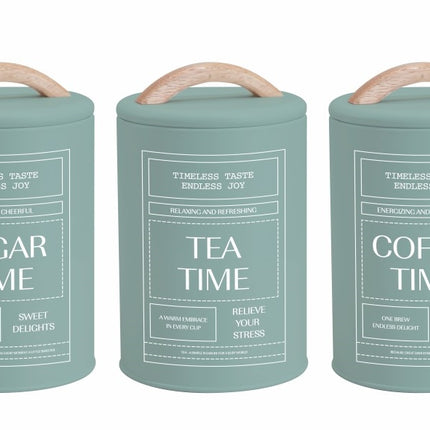 Set 3 Sage Green Metal Coffee Tea Sugar Storage Tins 11x19cm