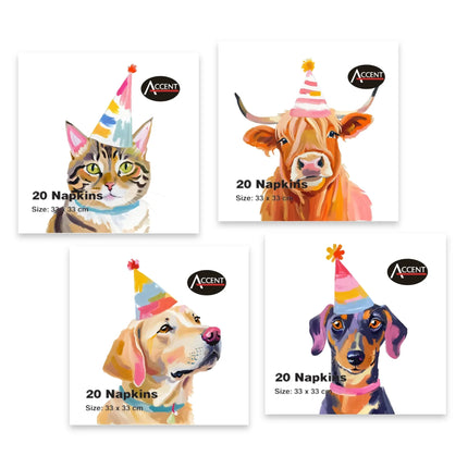 Bulk 48 Party Animal Napkins pk20 2ply 33x33cm 4 Asst