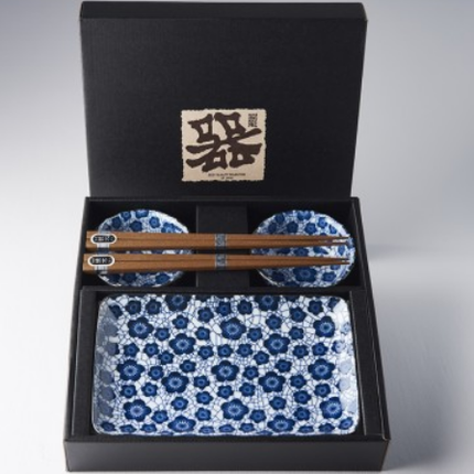 Sushi Set for Two with Chopsticks Black Blue Plum Design