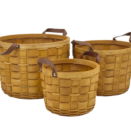 Set 3 Plywood Hand Woven Baskets 35cm, 30cm, 26cm