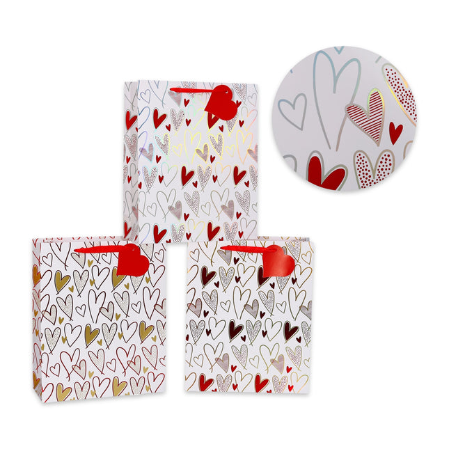 bulk 24 Medium Size Love Heart Gift Bag 3 Asst 23cm