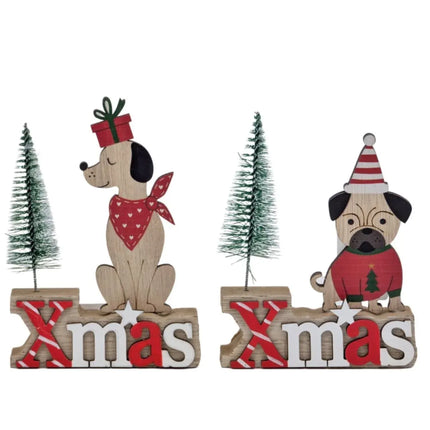 Bulk 24 Xmas Mdf Dog & Tree Deco 9x13cm 2 Asst