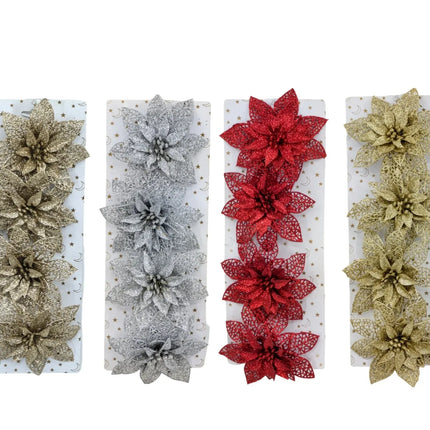 Bulk 24 Xmas Glitter Poinsettia W Clip pk4 14cm 4 Asst
