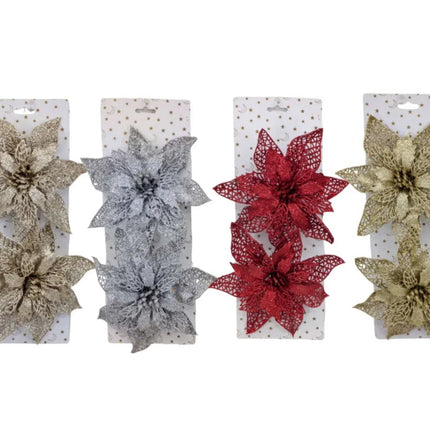 Bulk 24 Xmas Glitter Poinsettia W Clip pk2 18cm 4 Asst