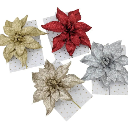 Bulk 36 Xmas Glitter Poinsettia W Clip 21cm 4 Asst
