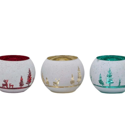Bulk 12 Xmas Snowy Forest Glass Candle Holder 15x11cm 3 Asst