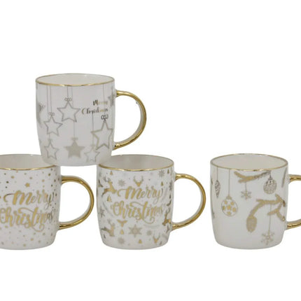 Bulk 24 Gold Foiled Xmas Mug 370ml 4 Asst