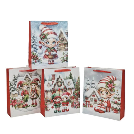 Bulk 48 Elf Village Gift Bag Sml 14.2x11.3x6.5cm 3 Asst