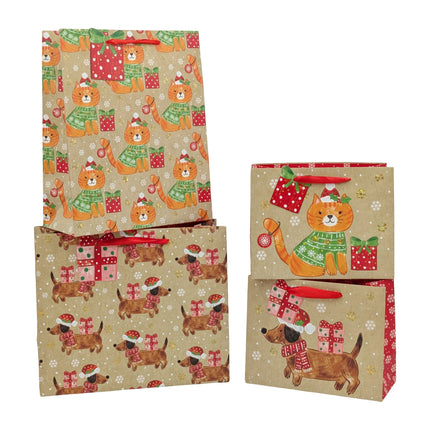 Bulk 48 Kraft Festive Pets Xmas Bag Foiled Lrg 32x26x12cm 4 Asst