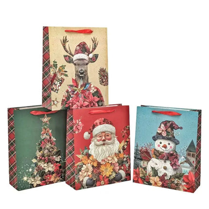 Bulk 48 Floral Vintage Xmas Bag Foiled Xlrg 42x31x12cm 4 Asst