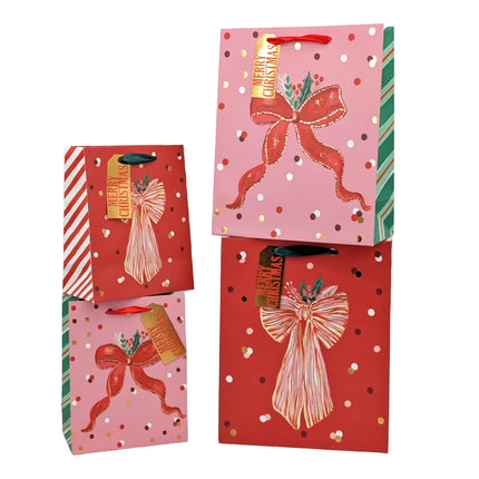 Bulk 24 Red Bow Foiled Xmas Bag Med 23x18x10cm 2 Asst