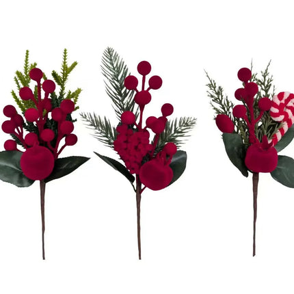 Bulk 36 Xmas Flocking Berry Pick 21cm 3 Asst