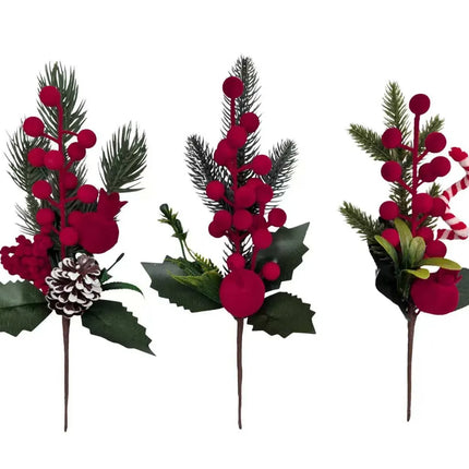 Bulk 36 Xmas Flocking Berry Pick 26cm 3 Asst